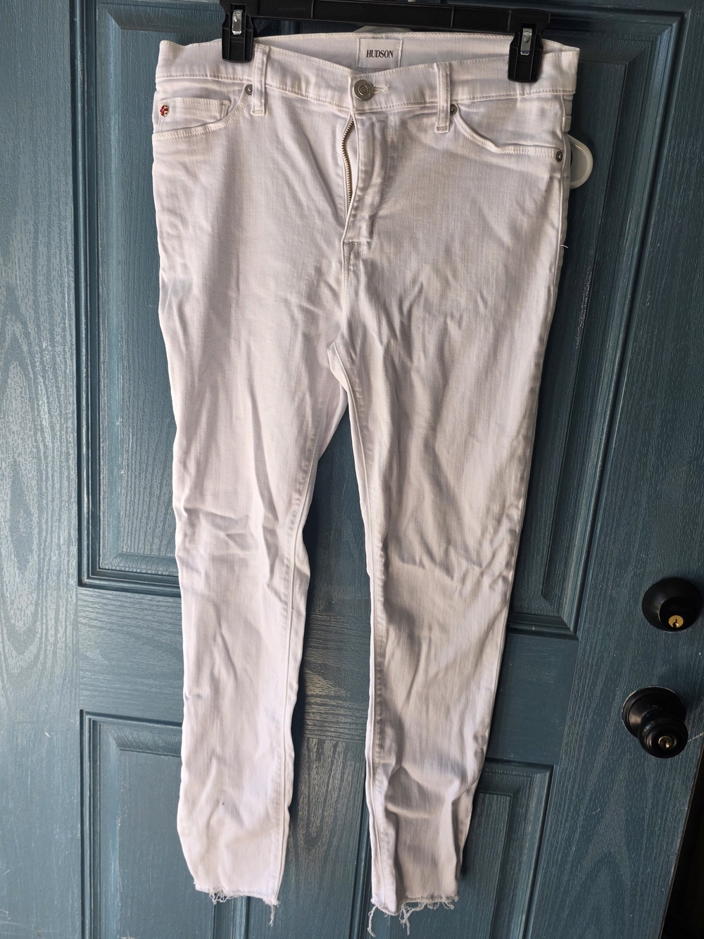 Hudson Jeans White Skinny Jeans with Raw Hem